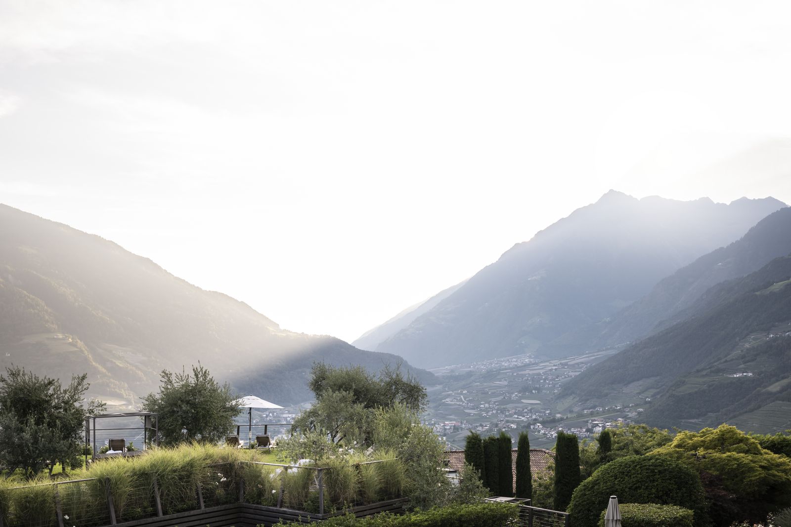 Panoramablick über den Erika Garten nach Meran