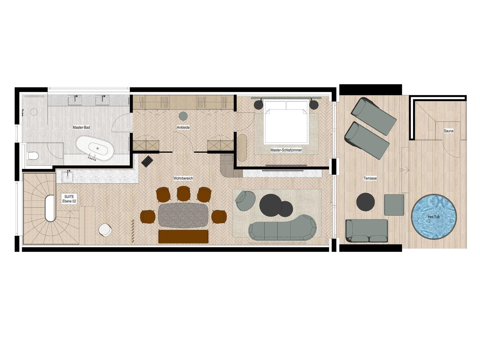 Grundriss der zweiten Etage der Berg Loft Suite mit Masterbedroom, Badezimmer, begehbarem Kleiderschrank, Wohnbereich und Terrasse mit HotPot und Loungemöbeln.