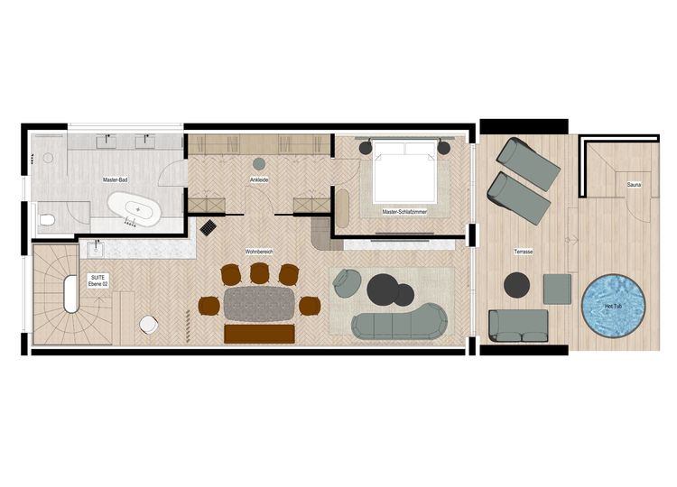 Grundriss der zweiten Etage der Berg Loft Suite mit Masterbedroom, Badezimmer, begehbarem Kleiderschrank, Wohnbereich und Terrasse mit HotPot und Loungemöbeln.
