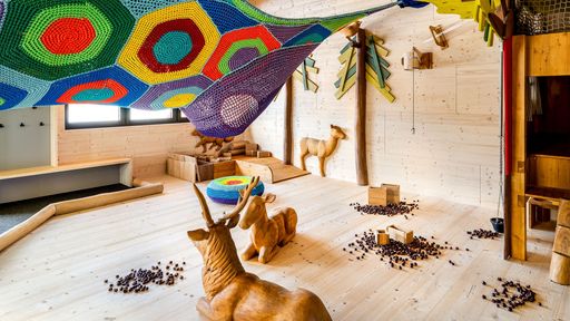 Spielscheune mit Kletternetz im Kinderhotel Allgäuer Berghof