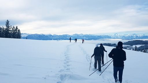 Wir leihen Ihnen gerne Schneeschuhe und die passenden Stöcke für sicheren Halt.