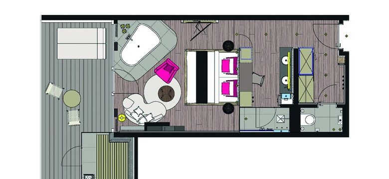 Grundriss des Wohlfühlzimmer "Liebeszauber Deluxe" mit großem Himmelbett, Regendusche, freistehender Whirlwanne und Sauna auf dem großzügigen Balkon.