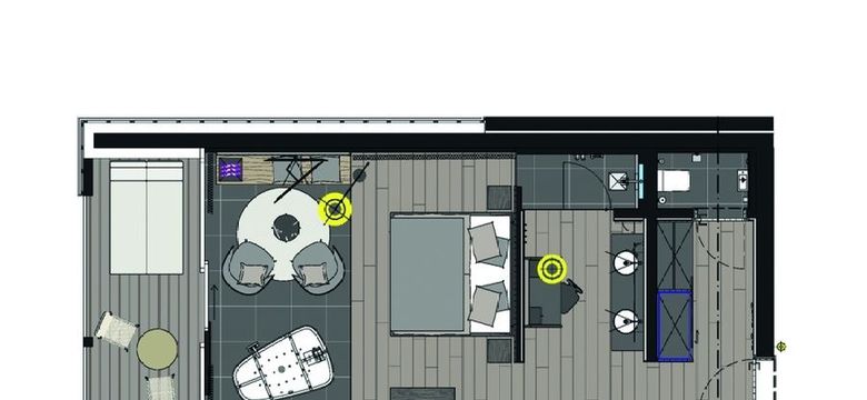 Grundriss des Wohlfühlzimmer "Bauchkribbeln" mit Kuschelbett, Whirlwanne, Süd-Loggia und gemütlicher Sitz-Ecke.