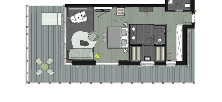 Grundriss der Suite-Wolke-7 mit Kuschelbett, Whirlwanne, finnischer Sauna und großem Balkon.