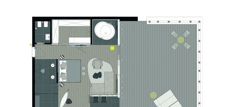 Grundriss der Golden-Sky-Suite mit Kuschelbett, finnischer Sauna, Whirlpool und großem Balkon.