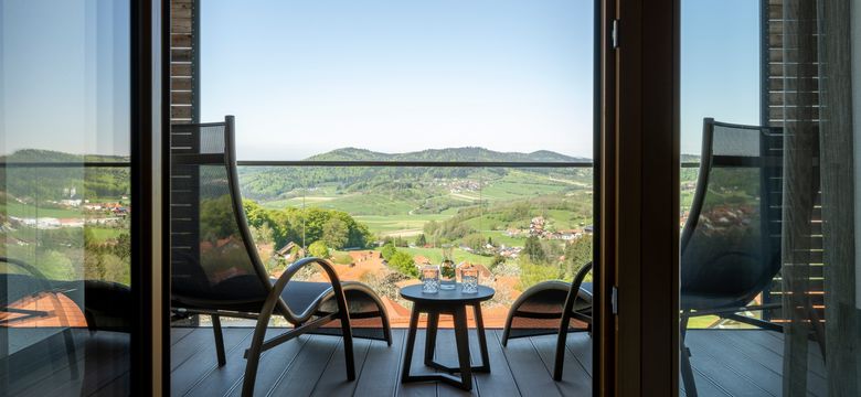 Balkon und Sitzmöglichkeit mit traumhaftem Ausblick über den Bayerischen Wald.