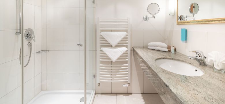 Badezimmer mit Dusche, Kategorie Juniorsuite im Hanusel Hof