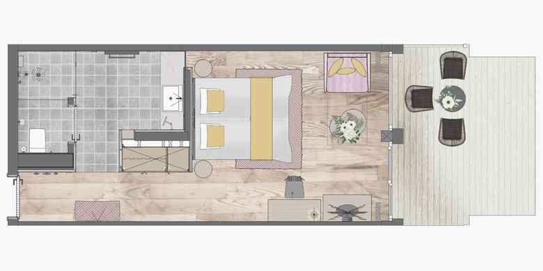 Der Grundriss der Comfort Suite in der HOCHKÖNIGIN in Maria Alm zeigt modernes Design und edles Wohngefühl: ein großzügiges Schlafzimmer, stilvolles Bad, gemütlicher Wohnbereich und Balkon mit herrlichem Bergblick. Ideal für Paare mit Sinn für Stil und Entspannung.