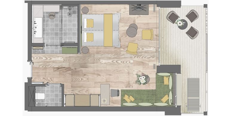 Der Grundriss der Sky Suite in der HOCHKÖNIGIN zeigt großzügiges Design mit Liebe zum Detail: ein stilvolles Schlafzimmer, ein edler Wohnbereich, modernes Bad und ein sonniger Balkon mit Blick auf die Berge.