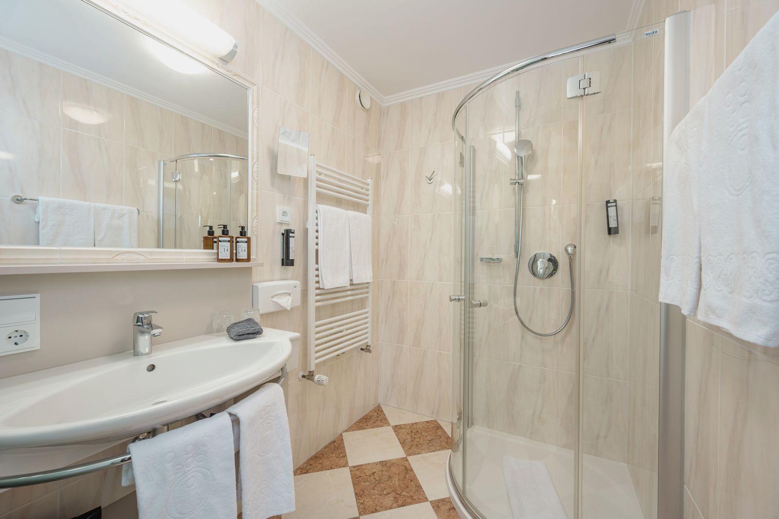 Zimmer im Hotel die HOCHKÖNIGIN mit Blick auf das Badezimmer mit Waschbecken und Dusche