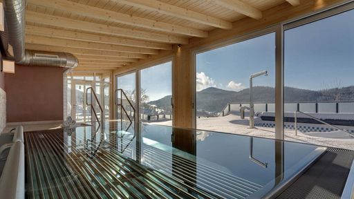 Zwei Frauen genießen das Panorama-Warmsprudelbecken im Wellnesshotel Hofbräuhaus, Bodenmais, Bayerischer Wald, Niederbayern