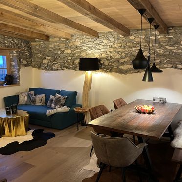 Living area, Chasa Sentima, Sent, Grisons, Switzerland