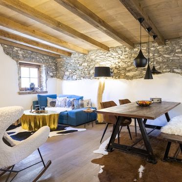 Living area, Chasa Sentima, Sent, Grisons, Switzerland