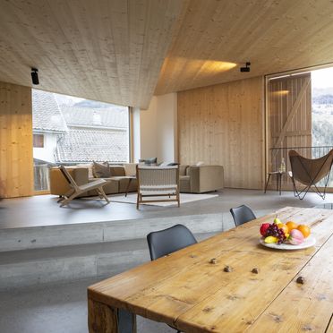 Dinig table with living area, Chasa Chaposch, Tarasp, Grisons, Switzerland